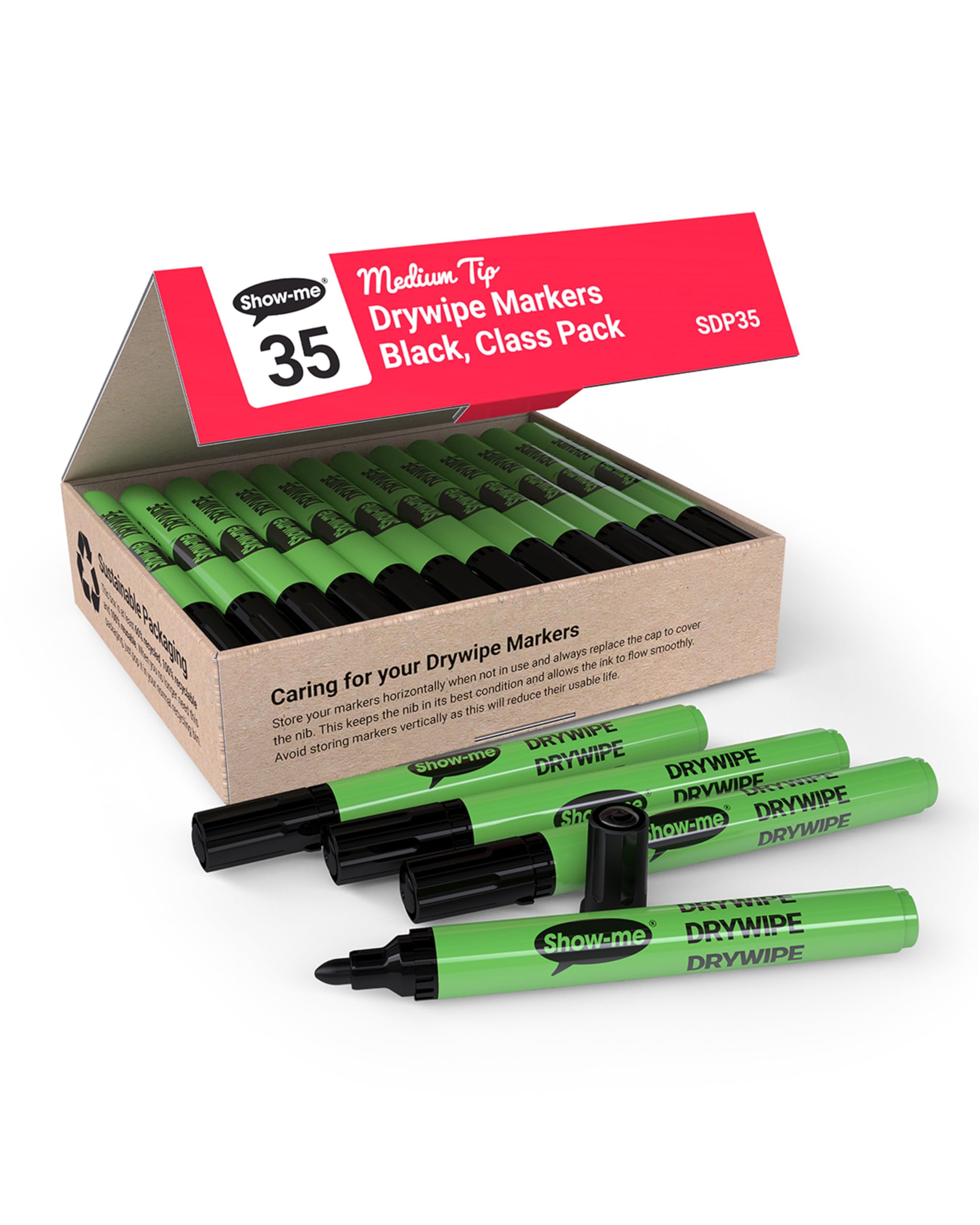 SHOW-ME - Whiteboard Markers | Drywipe, Erasable Black Medium Tip 2mm Line | Classroom Board Writing Pens with 3-Day Cap-off, Box of 35
