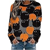 Halloween Pumpkin Sweatshirt Crewneck Pullover - Animal Cat Bat Print Casual Loose Long Sleeve Tops Shirts