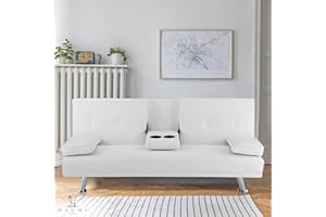 Naomi Home Low Profile Design: Convertible Folding Futon Sofa Bed Sleeper Couch for Living Room Faux Leather Upholstered Futon Sofa with Armrests, Metal Legs, 2 Cup Holders, White