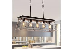 Q&S Dining Room Chandelier Light Fixtures,Farmhouse Rustic Vintage Antique Linear Chandeliers Pendant Ceiling Light Fixture for Kitchen Island Bar Office Coffee Shop 5-Lights Oak and ORB UL Listed