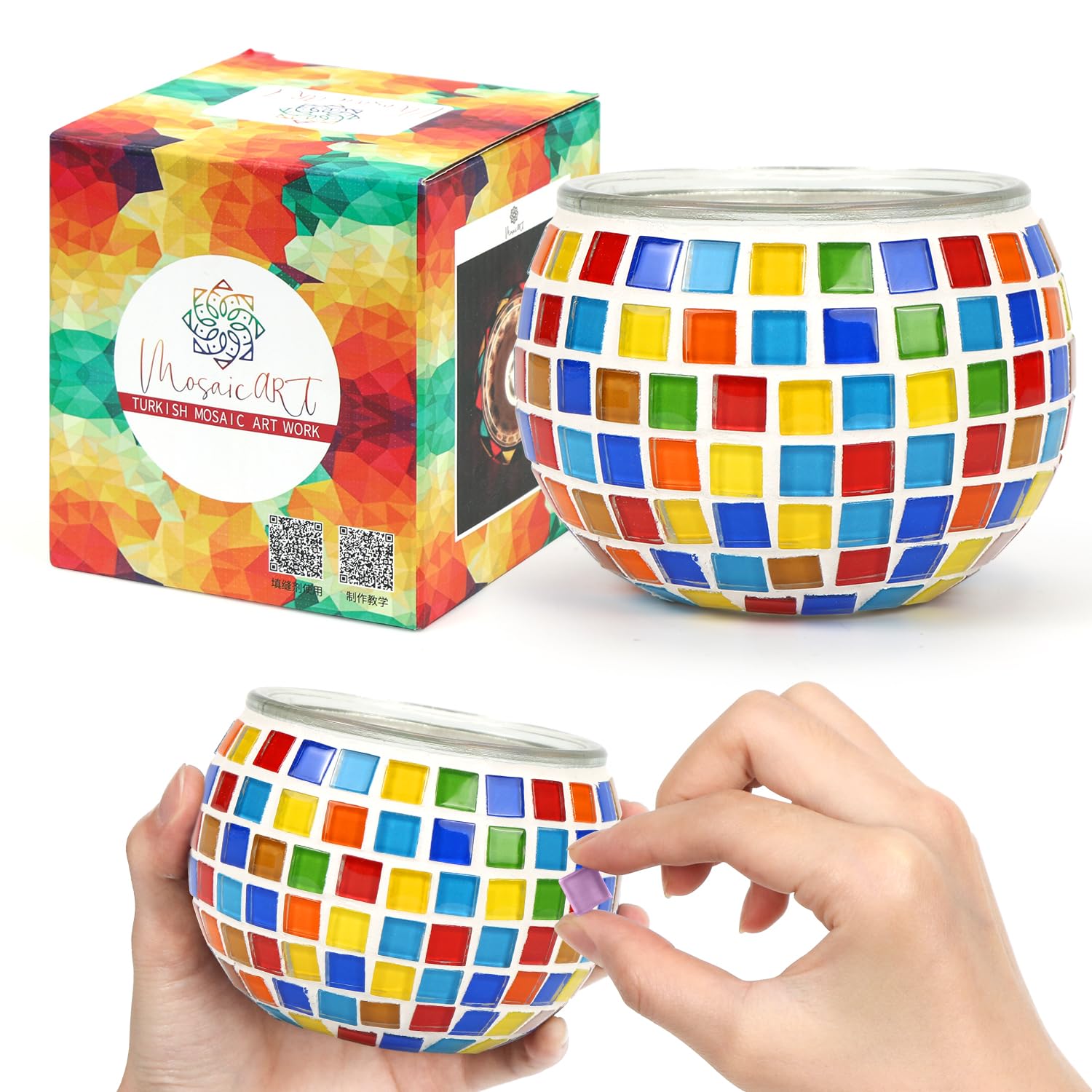 Glass Mosaic Candle Holder Set, Mosaic Candle Holder Crafts, Creative DIY Mosaic Craft Kit for Kids and Adults, Mosaic Stones, Tealight Holder for Home, Lighting