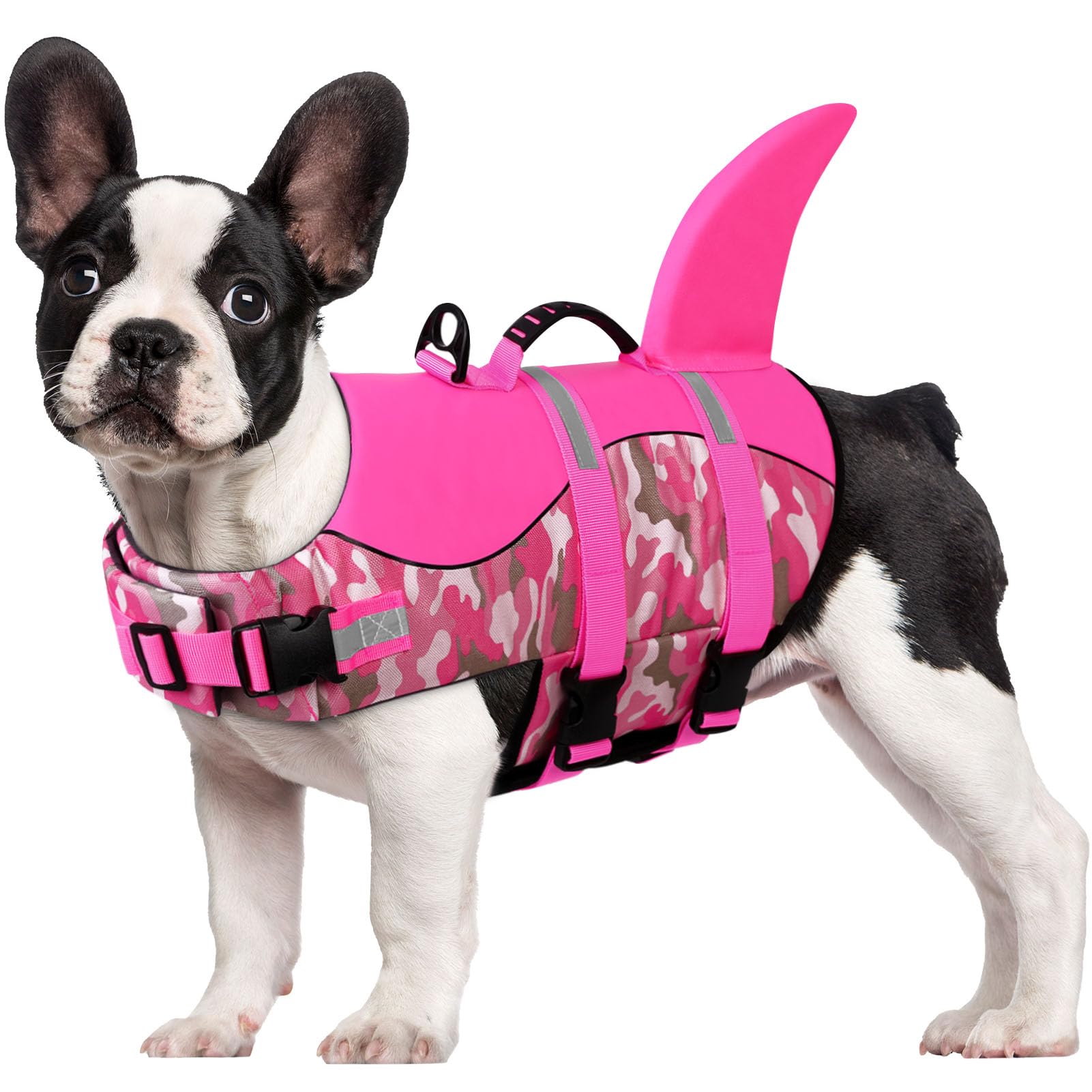 CITÉTOILE Dog Life Jacket Shark Costume, Puppy Safety Vest for Swimming Pool Beach Boating, Training Flotation Vest with Rescue Handle & Reflective Strips for Dogs, Pink Camo, M