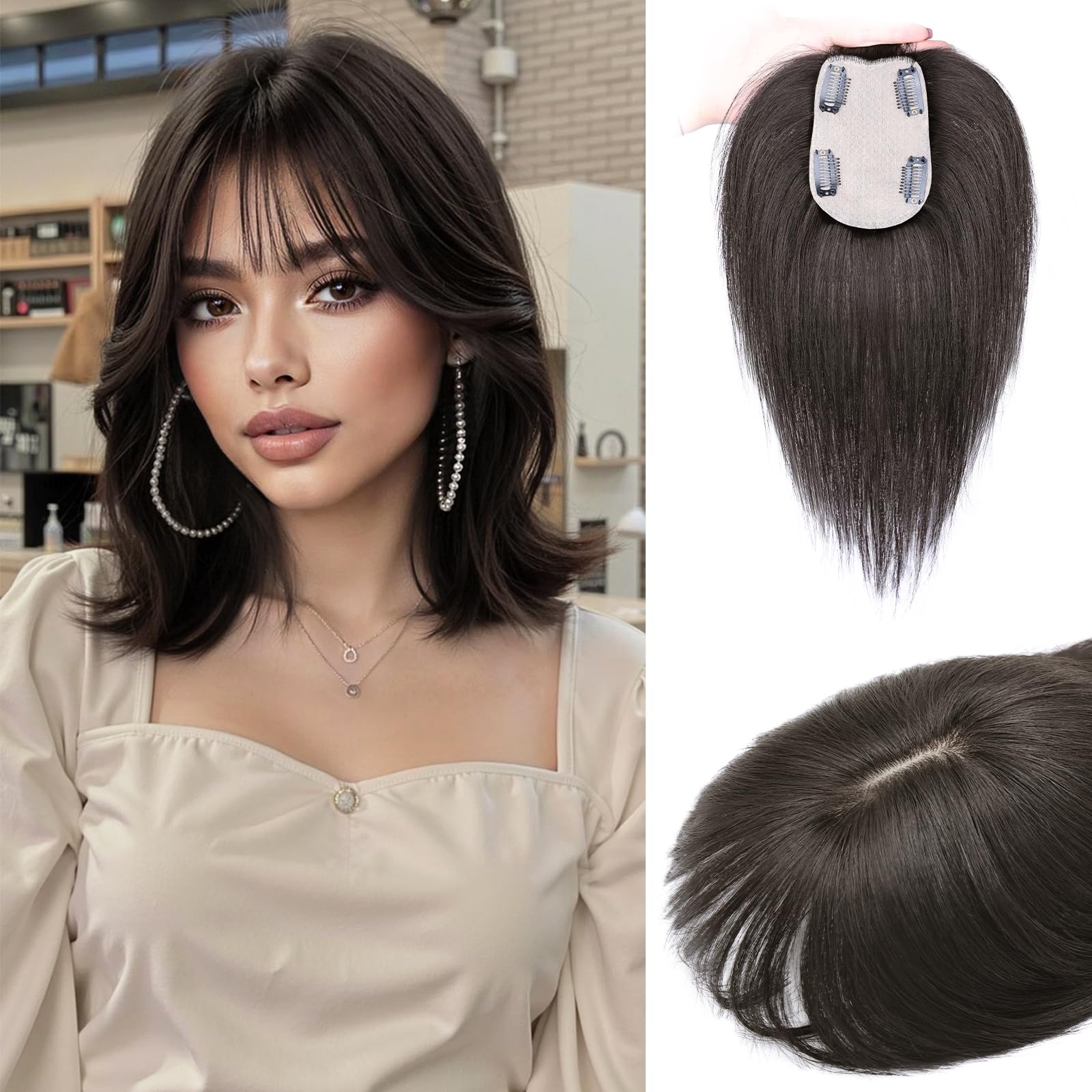 Photo 1 of MOSINA Human Hair Toppers for Women Real Human Hair Toppers Hair Pieces for women 3.2" x 4.5" Silk Base Real Hair Toppers for Women with Thinning Hair(Brown Black)