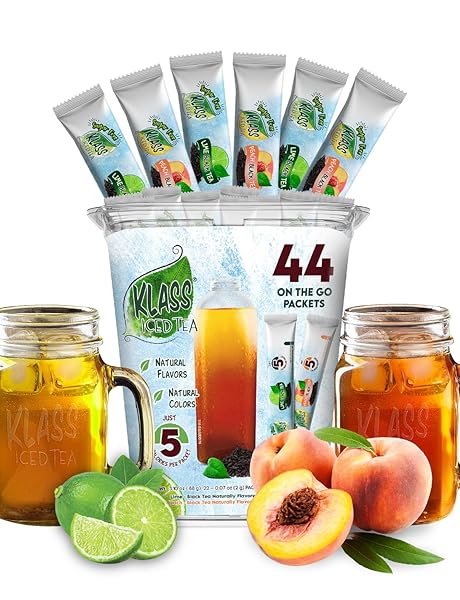 KLASS ICED TEA DRINK MIX – SUGAR FREE VARIETY PACK – PEACH & LIME BLACK TEA ON-THE-GO! (44 COUNT POWDER STICK PACKS) 5 CALORIES PER PACKET