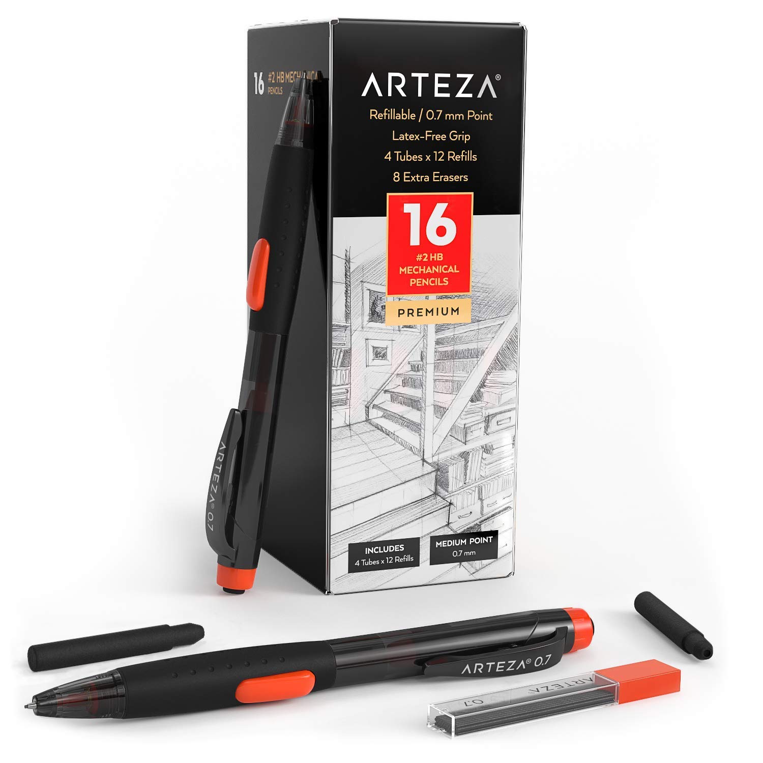 ARTEZA HB Mechanical Pencil Pack of 16, 0.7 Millimeter Medium Point Lead, 48 Refills and Replaceable Eraser with 8 Extra Erasers, Latex-Free Grip, Office Supplies