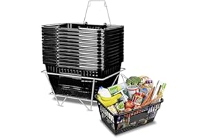 BOOROH Shopping Basket Set of 12, Grocery Basket 16.9" x 11.8", Shopping Basket with Cast-Iron Handles and Stand, 5.6 Gal Capacity for Retail Store, Mini Market, Convenience Store, Farmers Market