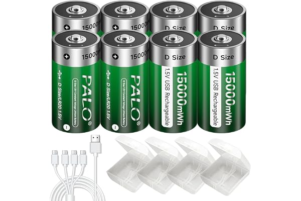Palogreen D Cell Rechargeable Batteries 8 Pack 1.5V 15000mWh Constant Output Lithium ion Battery with 4 in 1 USB-C Charging C