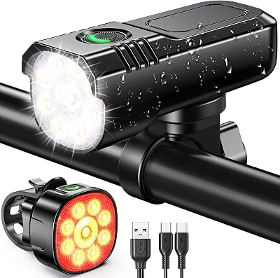 Rolgno Bike Lights Front and Back 1000 Lumen USB C IP65 Aluminum Set