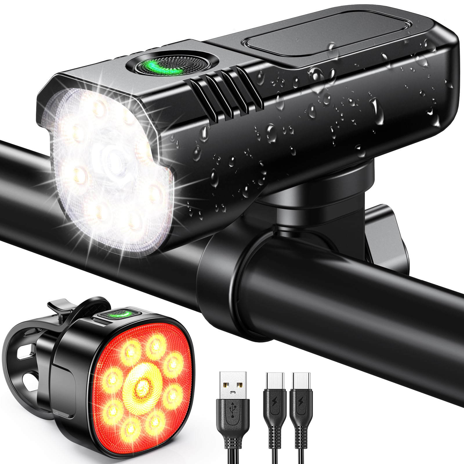 1000 Lumens Supper Bright Bike Lights for Night Riding, 8+7 Modes Sturdy Aluminum Alloy Bicycle Scooter Light Accessories, IP65 Waterproof & Rechargeable Bike Headlight and Tail Light Set