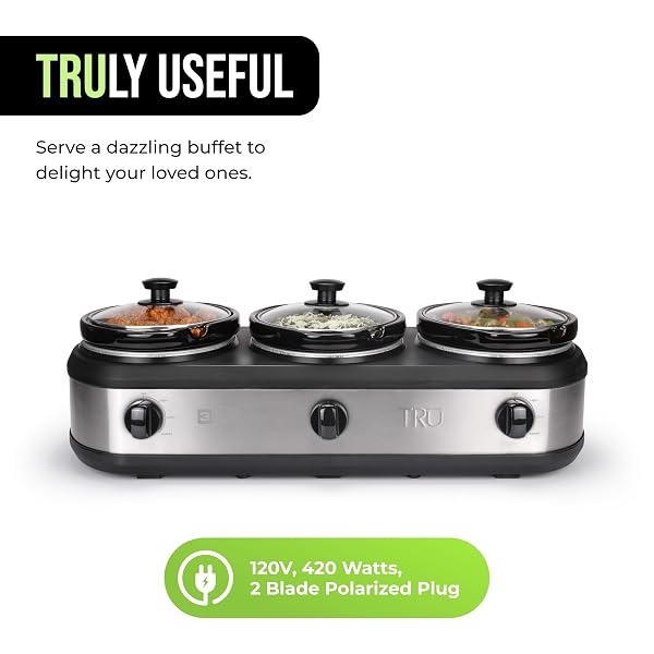 TRU TRIPLE BUFFET SERVER – THREE 2.5 QUART REMOVABLE CROCK INSERTS – SLOW COOKER & FOOD WARMER WITH INDIVIDUAL HEAT CONTROL – INCLUDES LID RESTS & SERVING SPOONS