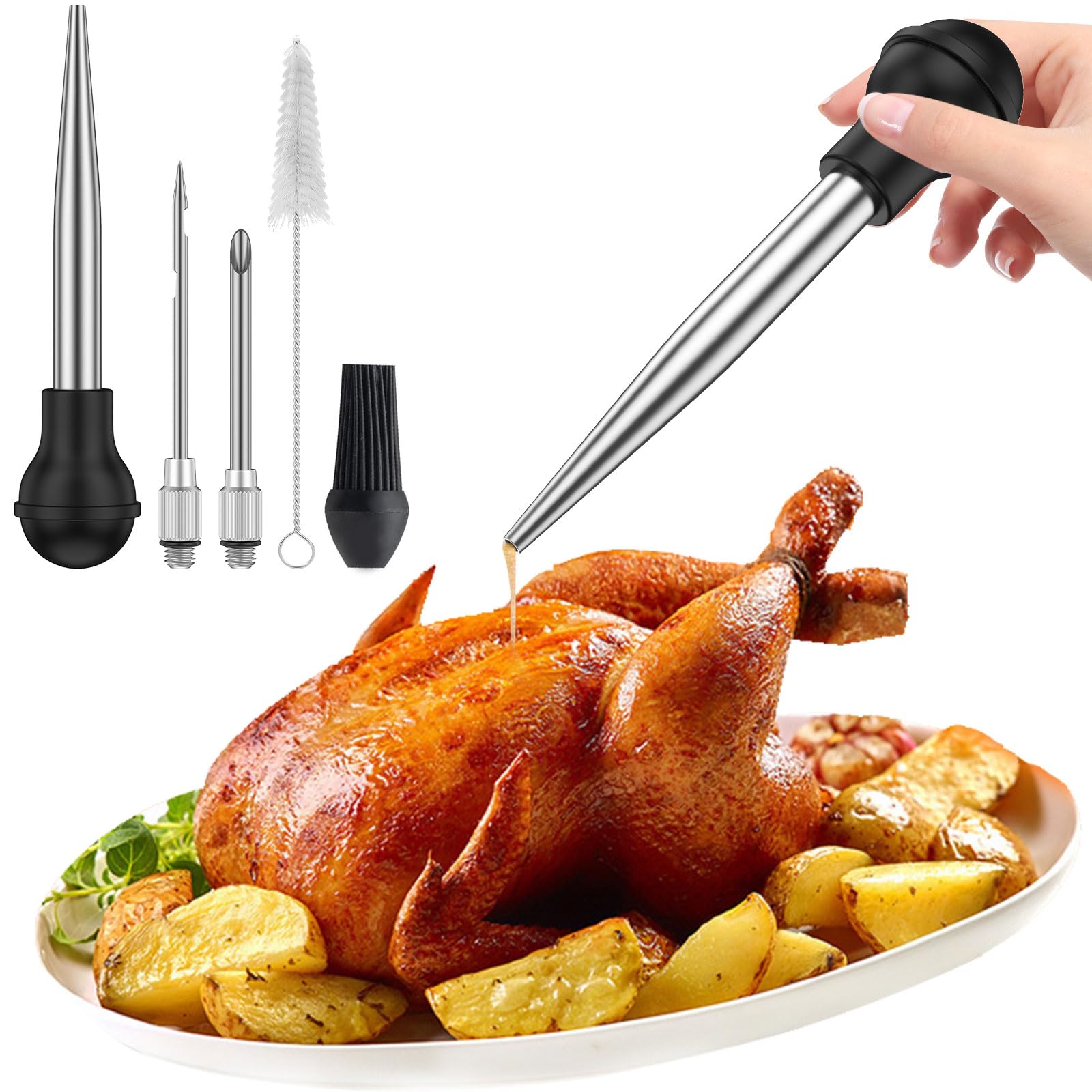 Alongen Turkey Baster Set of 4 ,Stainless Steel Turkey Baster Syringe with Cleaning Brush Meat Marinade Injector with 2 Needles and Detachable Silicone Round Bulb Meat Baster