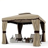 10 x 10 ft Outdoor Patio Gazebo, Double Roof Pop Up Gazebo with Netting and Shade Curtains Waterproof Sunshade for Backyard, 