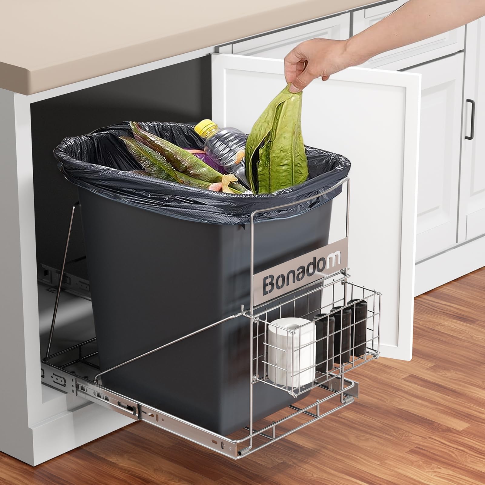 Photo 1 of BONADOM Pull Out Trash Can Under Cabinet, Adjustable Under Sink Trash Can Pull Out, Slide Out Garbage Shelf with Durable Rails,Sliding Organizer for Kitchen Cabinet or Under Sink (Bin Not Included)