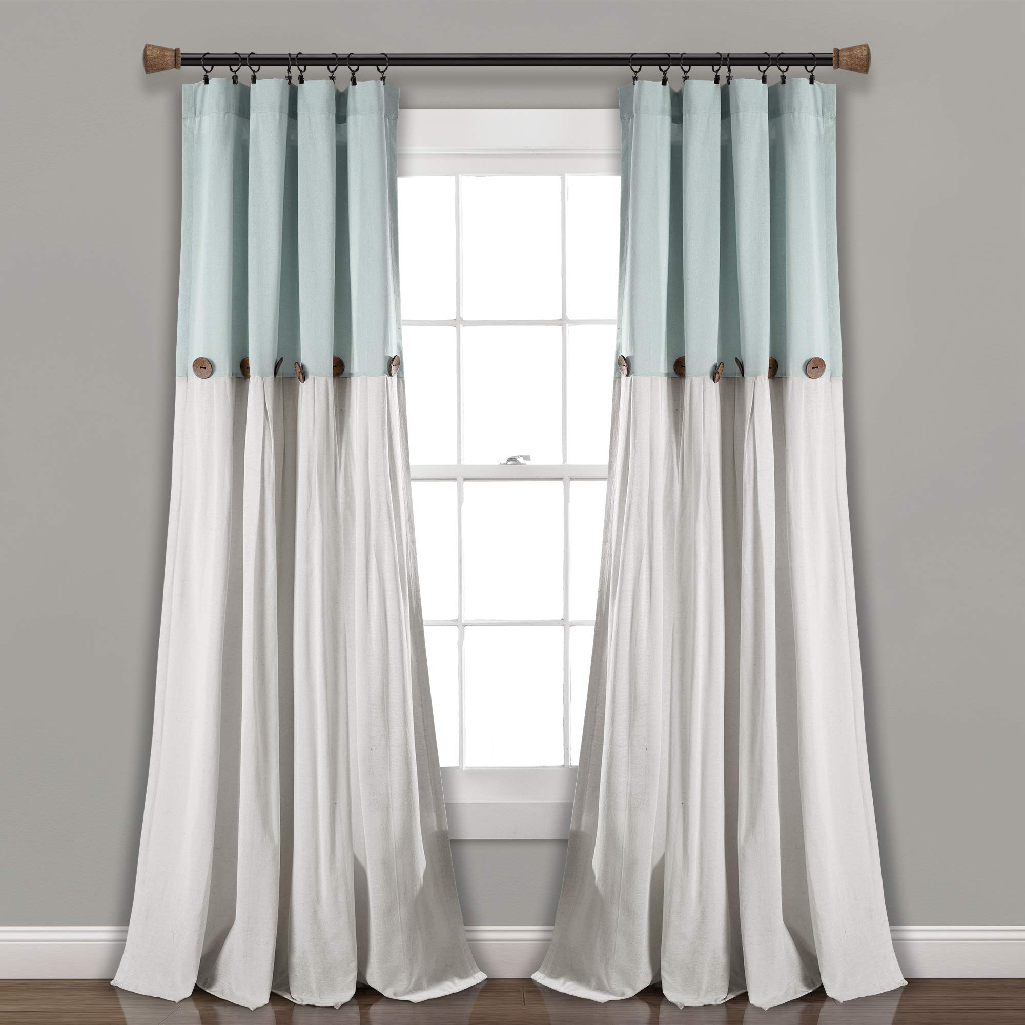 Lush Decor Linen Button Window Curtain Single Panel, Cotton Blend, Blue & Off-White, 40" W x 84" L (Pack of 1) — image 1