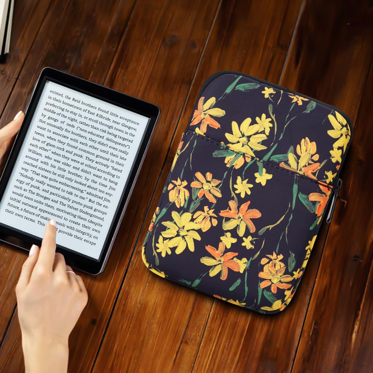 6.8 Inch Sleeve Bag, Protective Nylon Case Cover Compatible with All-New-Kindl/Kids E-Reader Tablet Devices (Black Flower)
