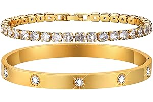 Women Tennis Bracelet Set - Stainless Steel Gold Plated Bangle, Dainty Cubic Zirconia Classic Tennis Cuff Bracelets, Jewelry 