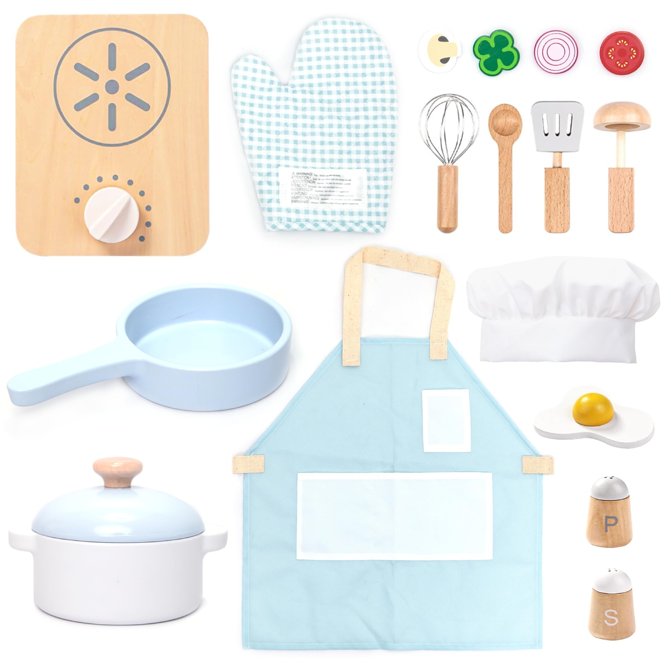 UMU® Children's Wooden Cooking Set with Crockery (Pots and Pans), Apron, Food and More, Children's Kitchen Accessories for Role Play, 18-Piece Kitchen Toy for Children from 2, 3, 4, 5 Years