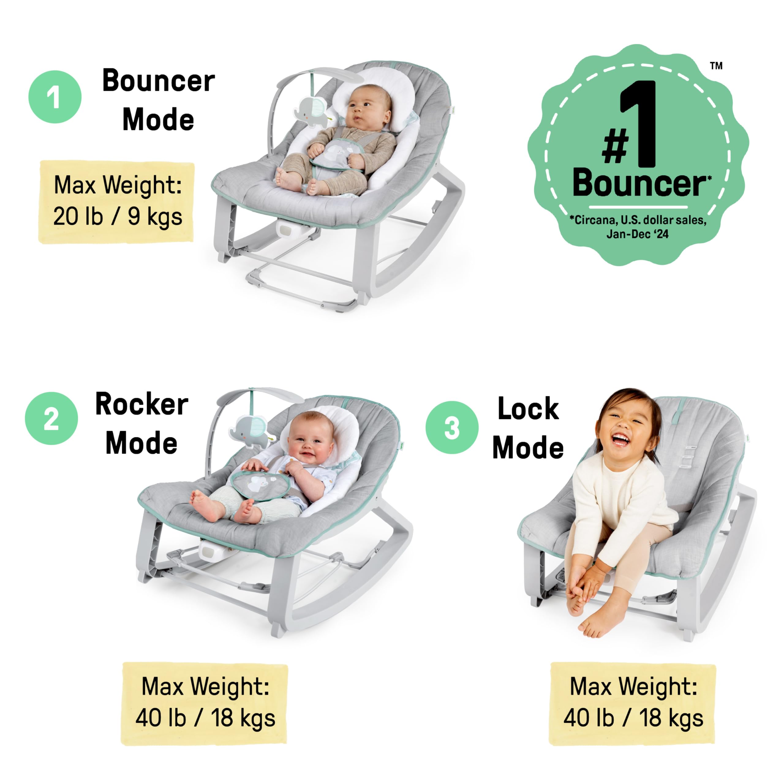 Ingenuity Keep Cozy 3-in-1 Grow with Me Vibrating Baby Bouncer, Seat & Infant to Toddler Rocker, Vibrations & -Toy Bar, 0-30 Months Up to 40 lbs (Weaver)