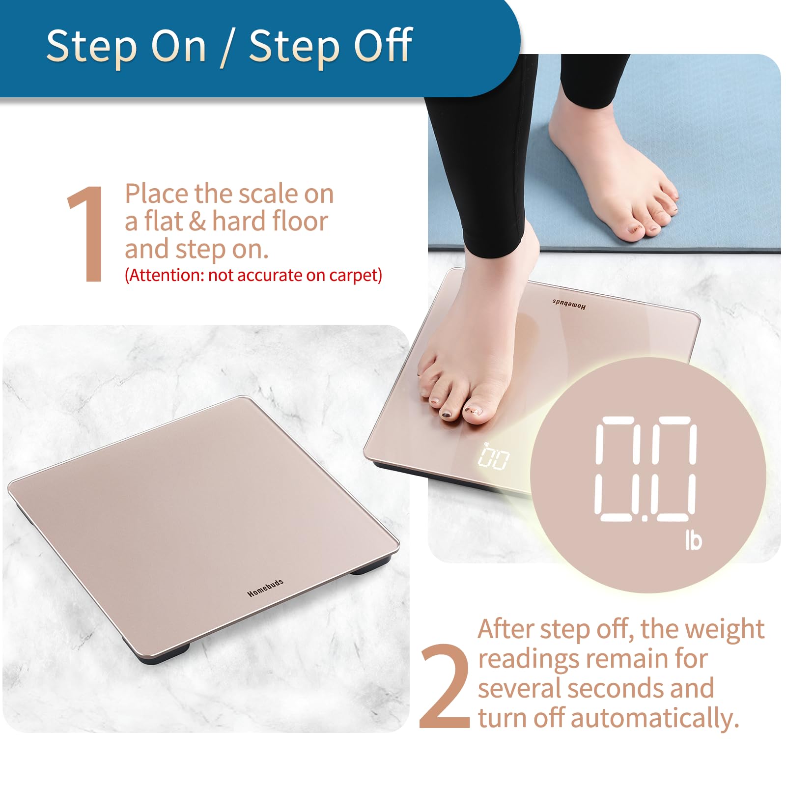 HomeBuds Digital Bathroom Scale for Body Weight, High Precision Assured by Weight Scale Professional Factory Since 2001, Bright White LED and Step-On, 3*AAA Batteries Included, 400lb/182kg, Rose Gold