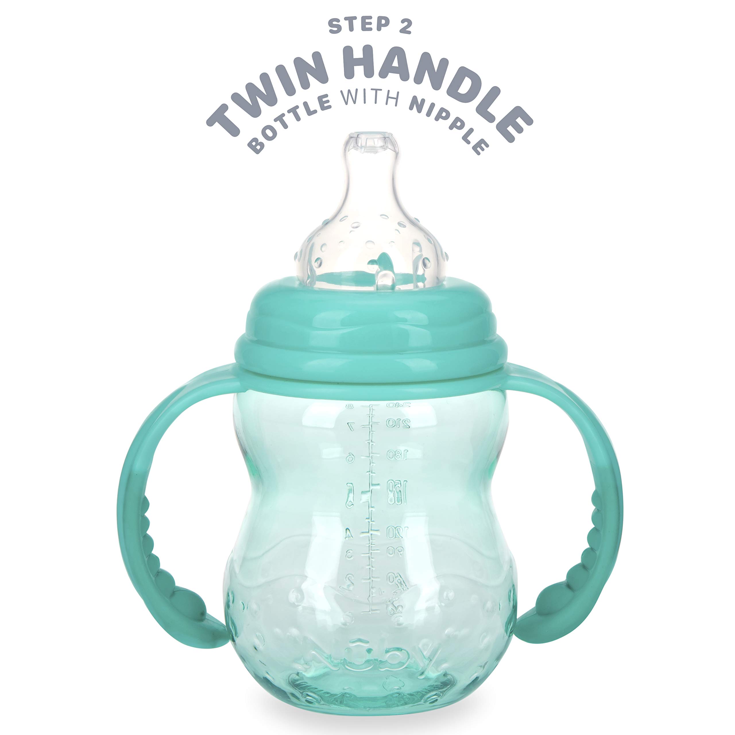 Nuby 3 in 1 Baby Bottle to Training Sippy Cup - 8 Oz Toddler Cups Spill Proof with Soft Spout, Nipple & Removable Grip Handles - Dishwasher Safe (Teal)