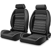 ModifyStreet OBS Styles Universal 1 Pair Black PVC Leather Sport Racing Seats with Headrests and White Stitching, Reclinable Seats with Dual Sliders, Complete 2PCS Set for Driver and Passenger Side