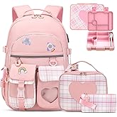 ACESAK Girls Backpack - Bento Box with Insulated Lunch Bag Pencil Case & Utensils Set for Kids, 6 Leakproof Compartments Removable Tray Lunches or Snack Container for School (Pink)