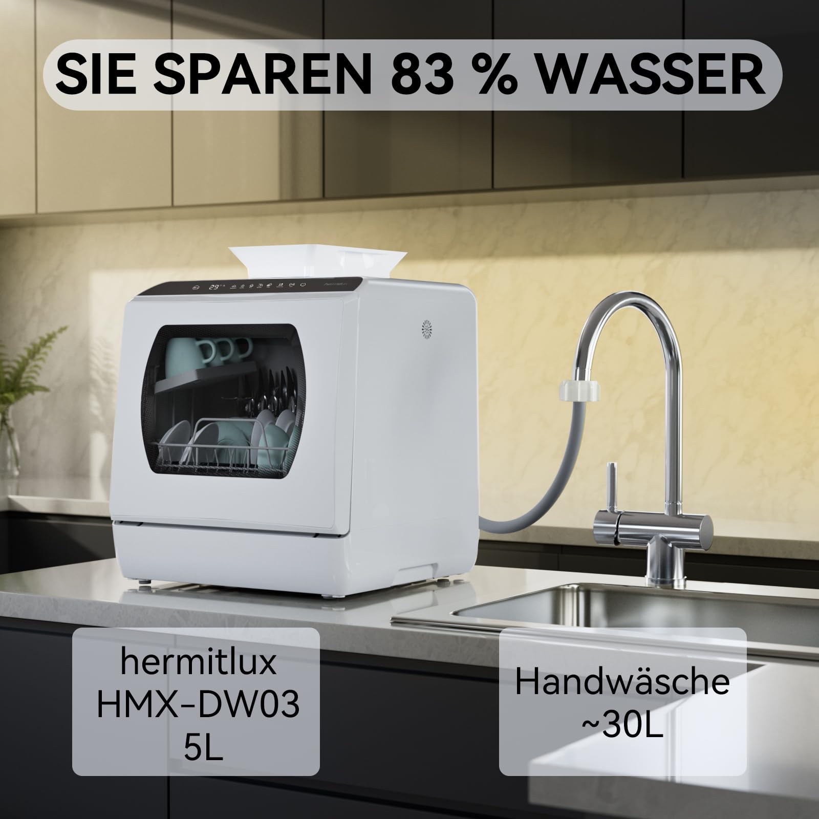 Hermitlux Mini Geschirrspüler, Spülmaschine für 4 Bestecksätze, 5 Liter Wassertank, 6 Programme Mini Tischgeschirrspüler, Perfekt für Wohnungen, Schlafsäle, Camping, Weiß 5