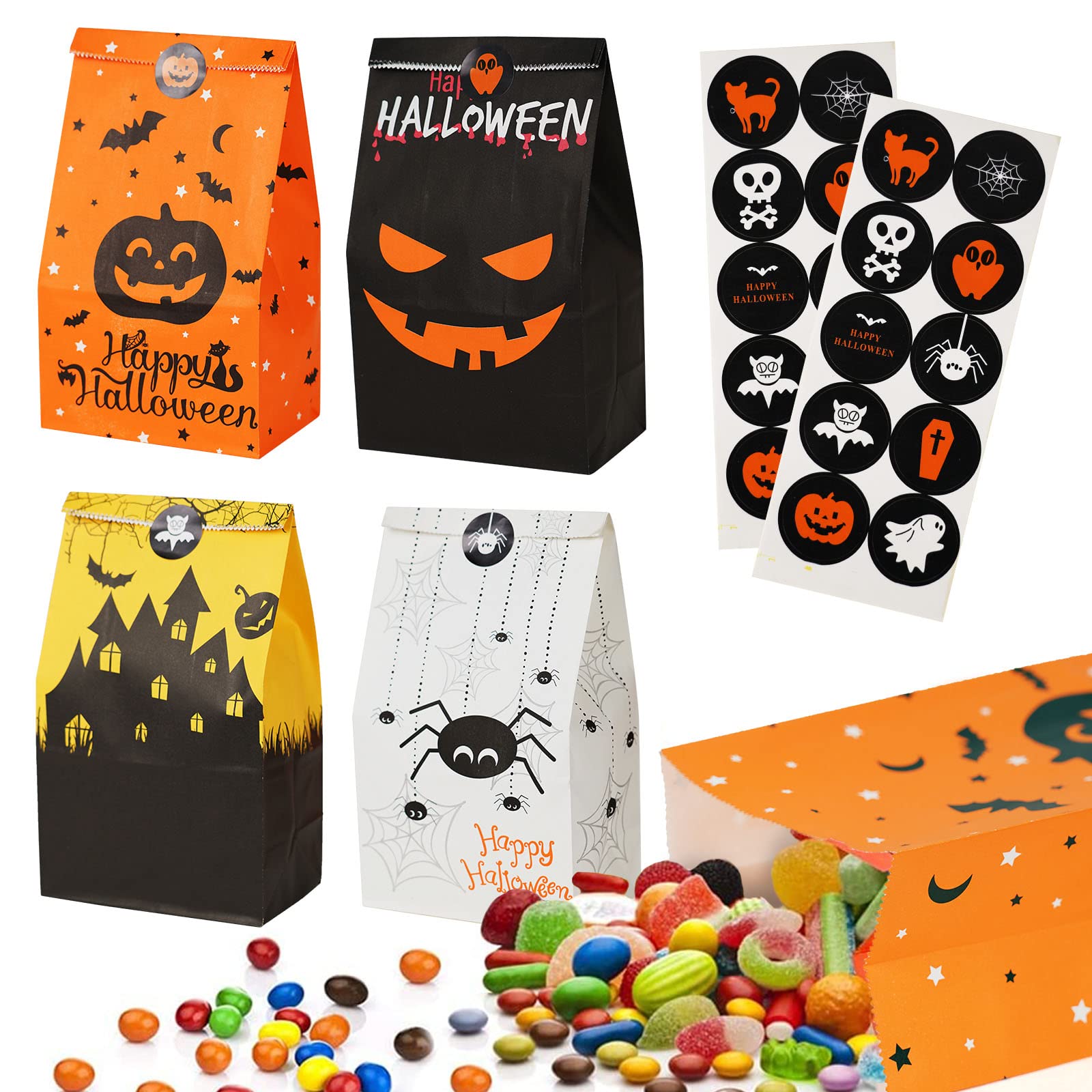 20 Pcs Halloween Treat Sweet Bags, Candy Cookie Bag with Pumpkin Spider Ghost Sticker for Halloween Party Supply - Kids Party Favor Gift Bags