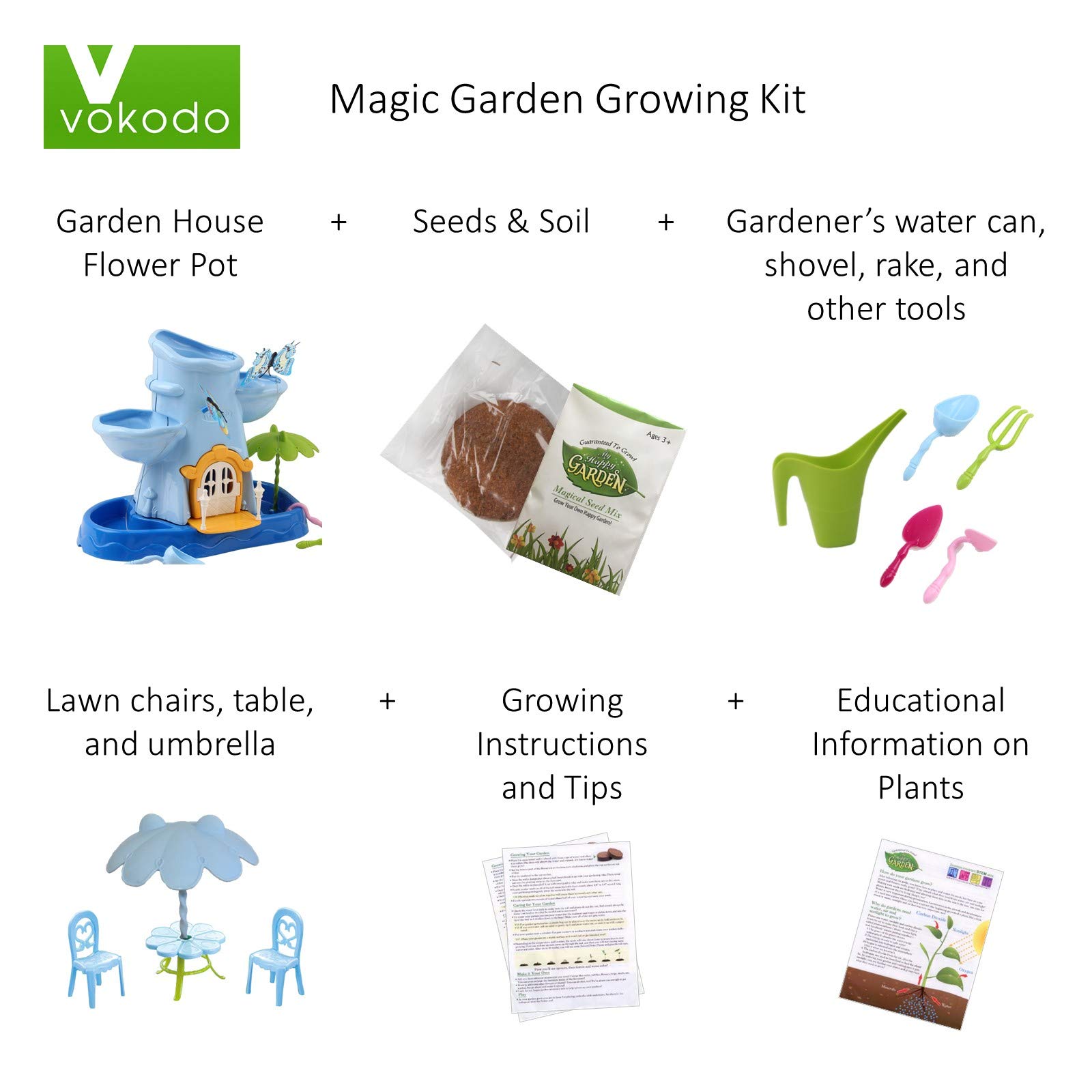 Vokodo Kids Magical Garden Growing Kit Includes Tools Seeds Soil Flower Plant Tree Interactive Play Fairy Toys Inspires Horticulture Learning Great Gift for Children Girls Boys