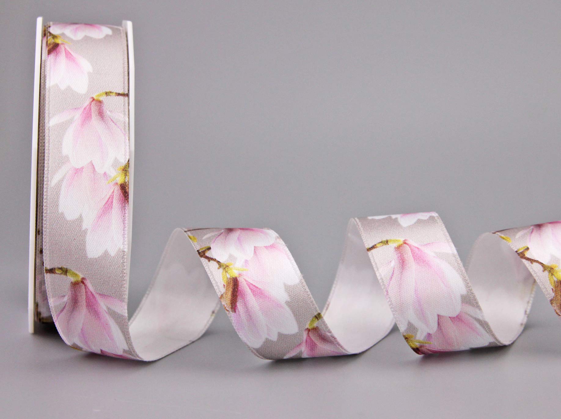 finemark Finemark Decorative Ribbon Magnolia 25mm Satin Ribbon Gift Ribbon Ribbon Ribbon without Wire Printed with Flowers 20 m x 25 mm Light grey/pink