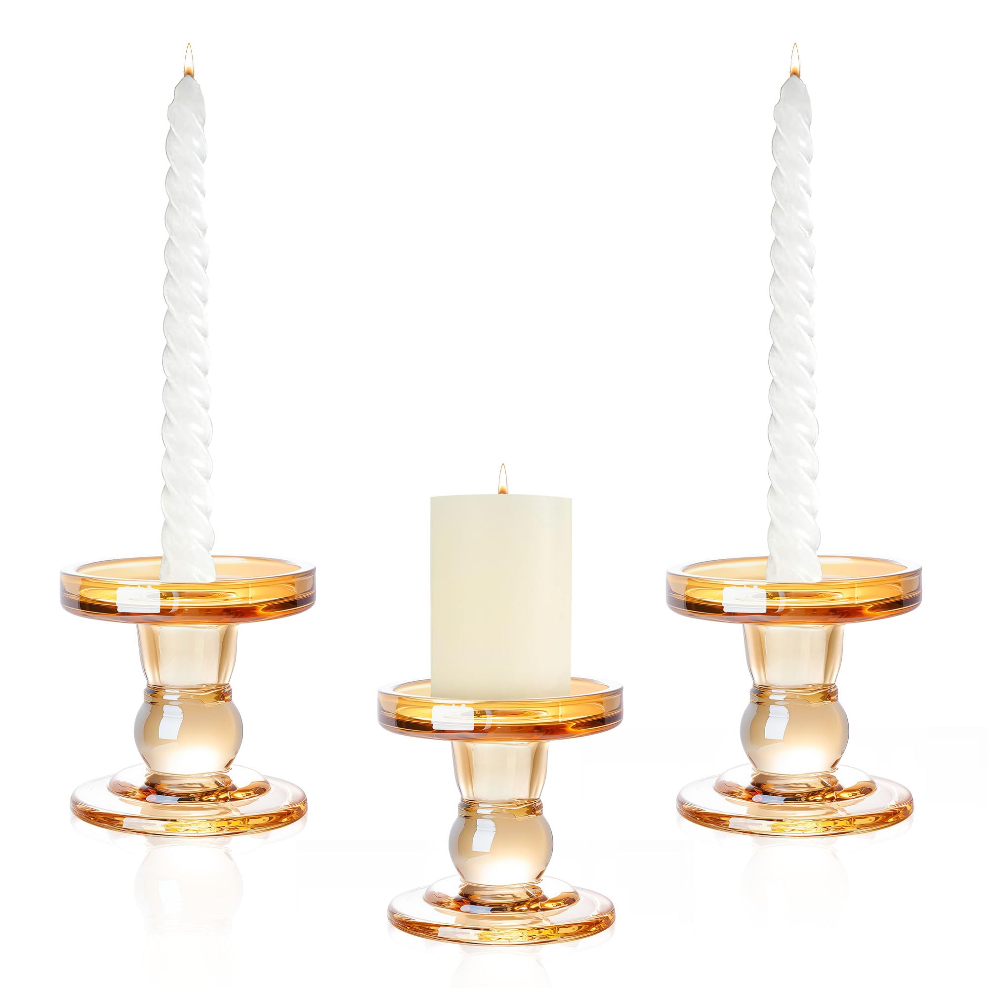 3pcs Glass Candle Holders for Pillar and Taper Candles, Clear Decorative Glass Candlestick Holder set for Wedding, Table Centrepieces, Home Decor (Gold)