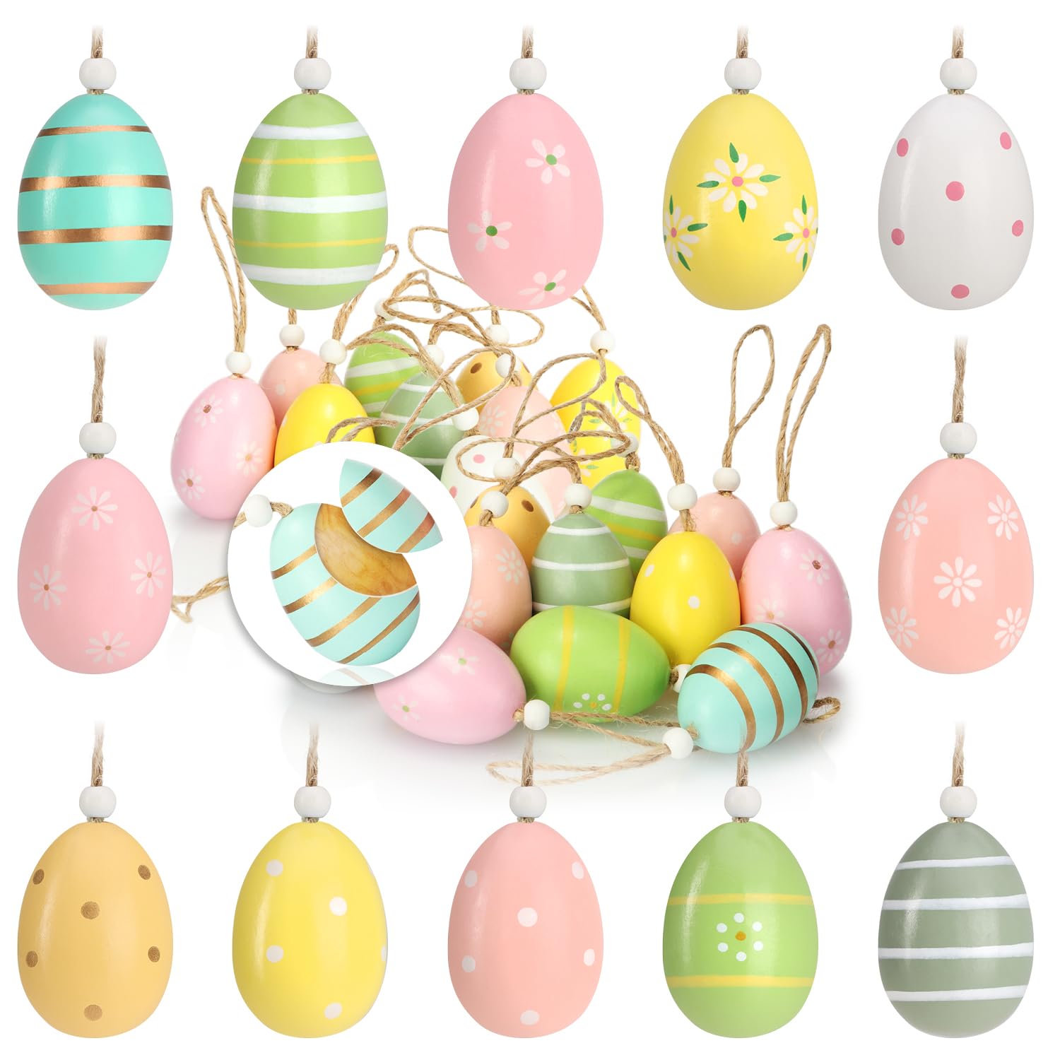 COM-FOUR® 24x hanging Easter eggs - wooden Easter decorations in great colors - decorative Easter eggs with beautiful patterns