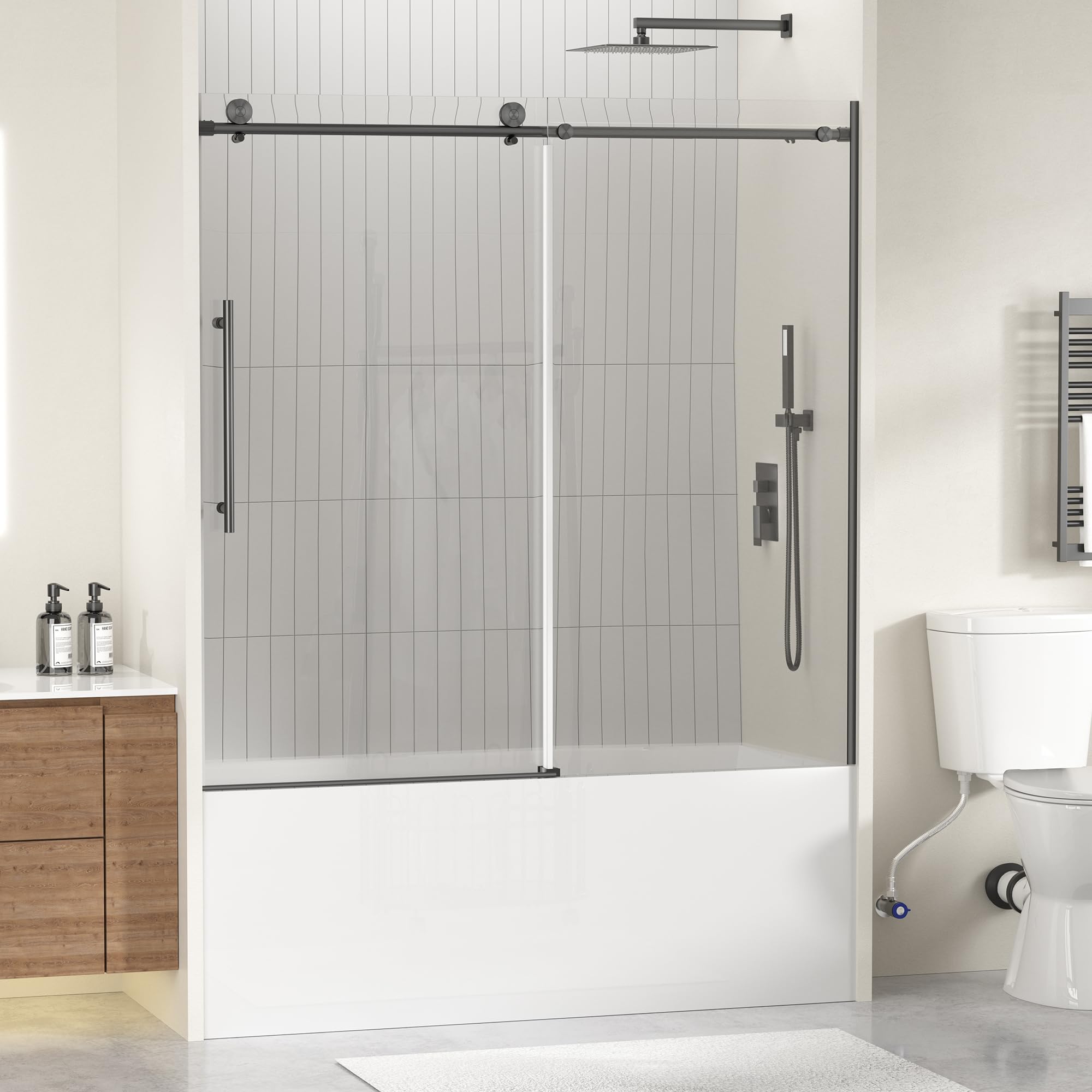 Photo 1 of *** PARTIAL SET _ GLASS DOORS ONLY ***  Findepot Frameless Bathtub Shower Doors 56-60" Width x 59" Height with 5/16" (8mm) Clear Tempered Glass,Silent Soft-Close Design,Matte Black