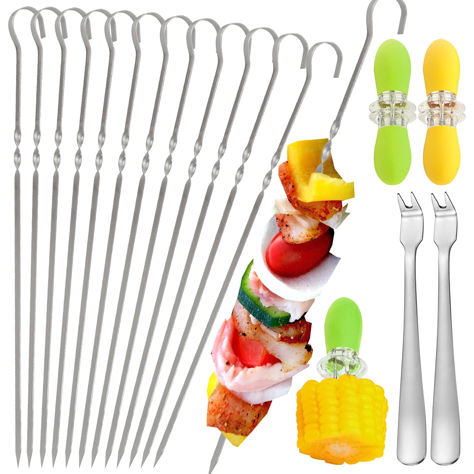 DailyTreasures Stainless Steel Flat Sticks Set,12 Pcs Stainless Steel BBQ Metal Barbecue Skewer with 4 Pcs Corn Cob Holders and 2 Meat Fork,for Barbecues Family Gatherings and Camping Cooking(15 inch)