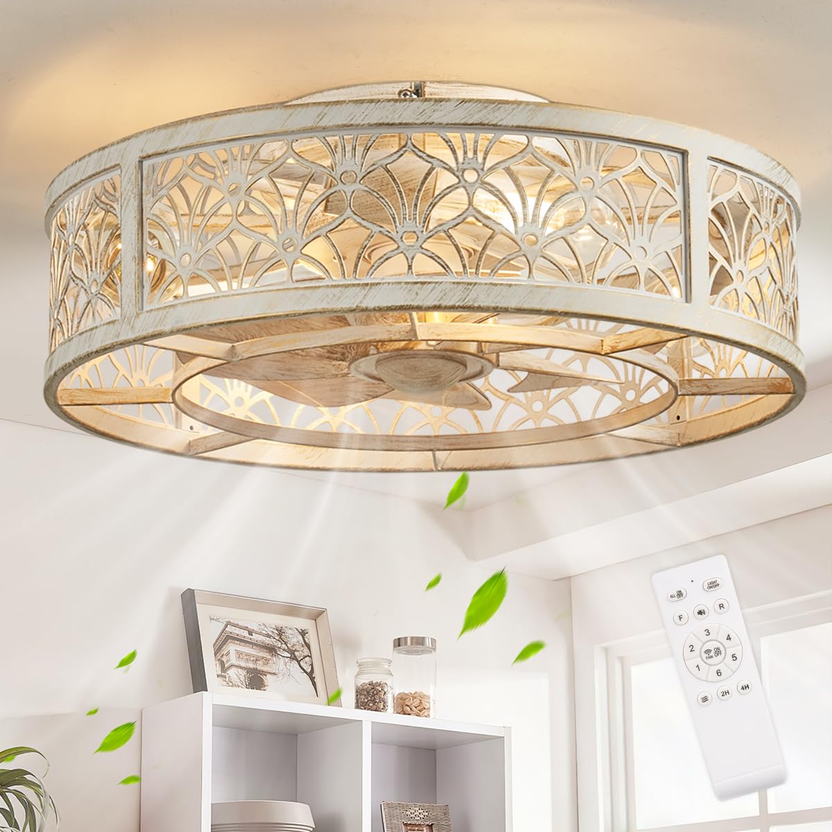 Photo 1 of SHLUCE 18" Caged Ceiling Fan with Light, Small Flush Mount Fandelier Ceiling Fans with Lights and Remote, Rustic Low Profile Bladeless Ceiling Fan with Light for Bedroom, Kitchen, White Gold