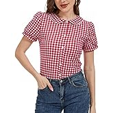 MINTLIMIT Women's Gingham Blouse 2025 Plaid Top Short Sleeve Button Down Peter Pan Collar Shirt