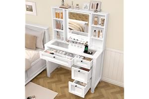 FIONESO Vanity Desk, Makeup Vanity with Glass Tabletop & Power Outlet, Vanity Desk with Mirror and Lights, Makeup Vanity Desk with 4 Drawers & 6 Shelves, Vanity Set for Bedroom, White