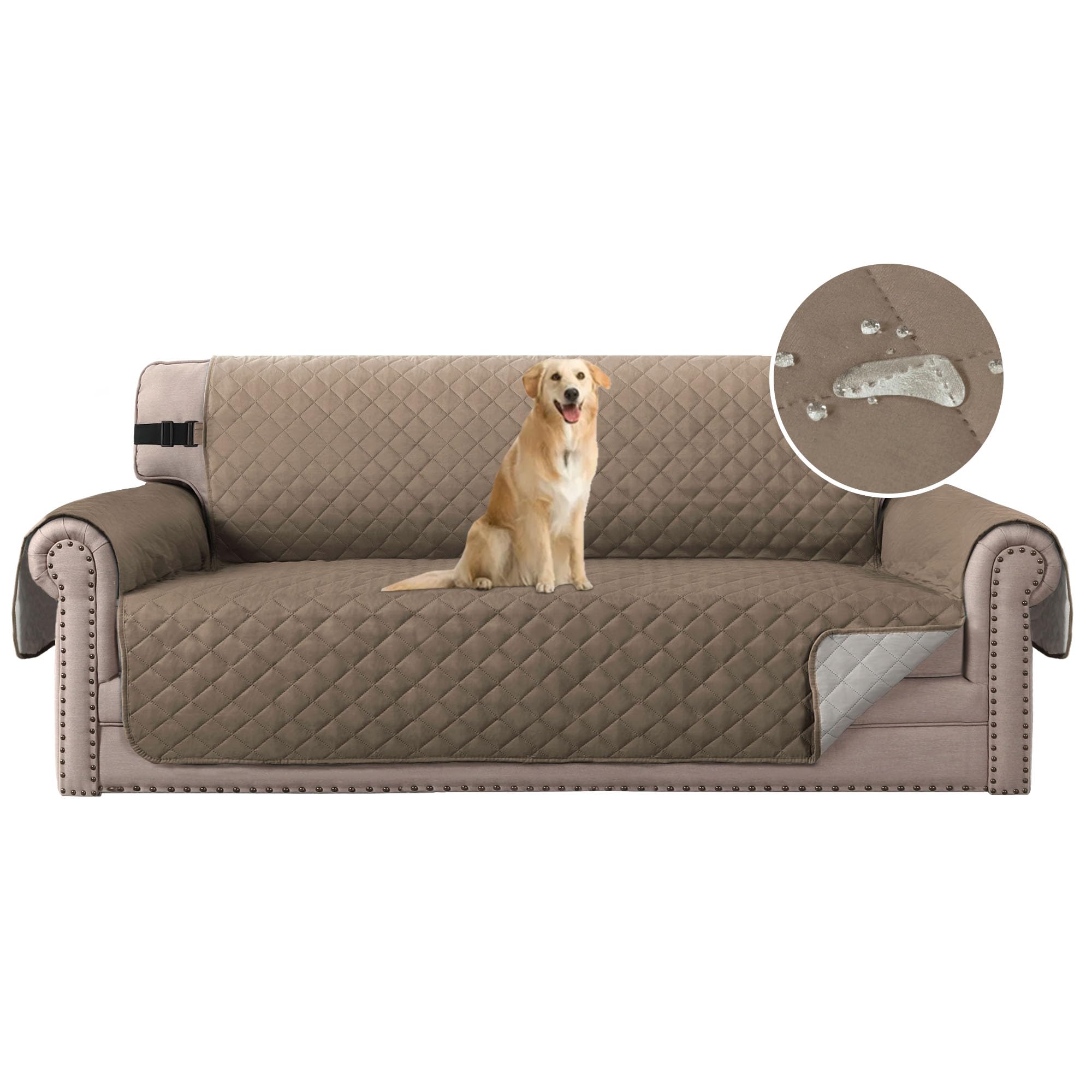 H.Versailtex Sofa Cover 3 Seater, Water Resistant Sofa Slipcovers for Kids, Machine Washable Couch Cover with Adjustable Elastic Straps for Pets/Kids (Taupe/Beige)