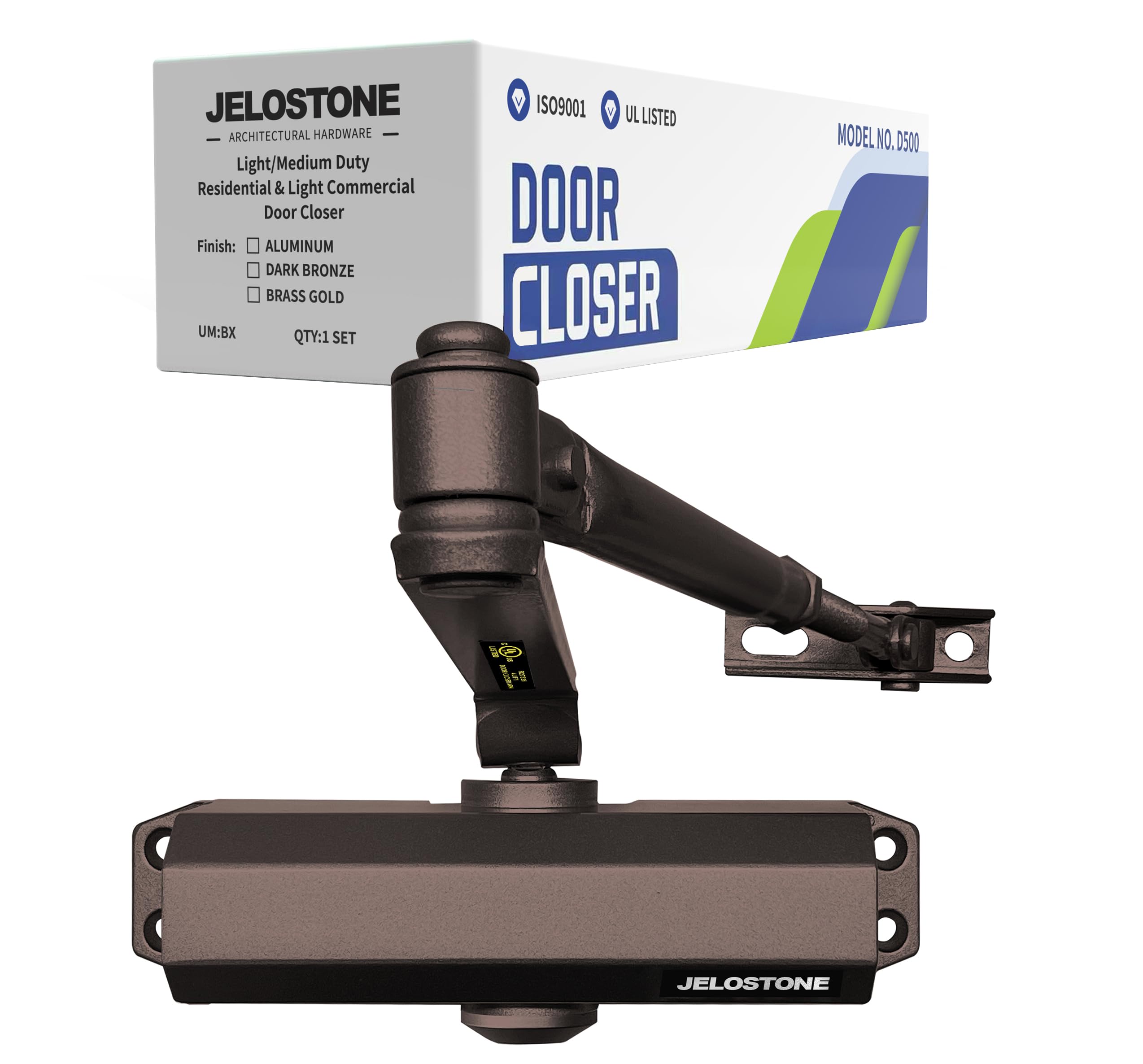 Photo 1 of Light/Medium Duty Residential & Light Commercial Door Closer JELOSTONE D500, Fixed Size #3 Spring Power and 2 Valves Door (55-150LB/33-36 in), UL 3 Hour Fire Rated, Indoor/Outdoor (Dark Bronze)