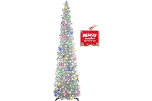 MACTING Christmas Pop up Tree with 50 LED Lights Timer 5FT Silver Collapsible Tinsel Pencil Tree Easy-Assembly Coastal Glitter Artificial Tree for Porch Apartment Corner Home Party Xmas Decorations