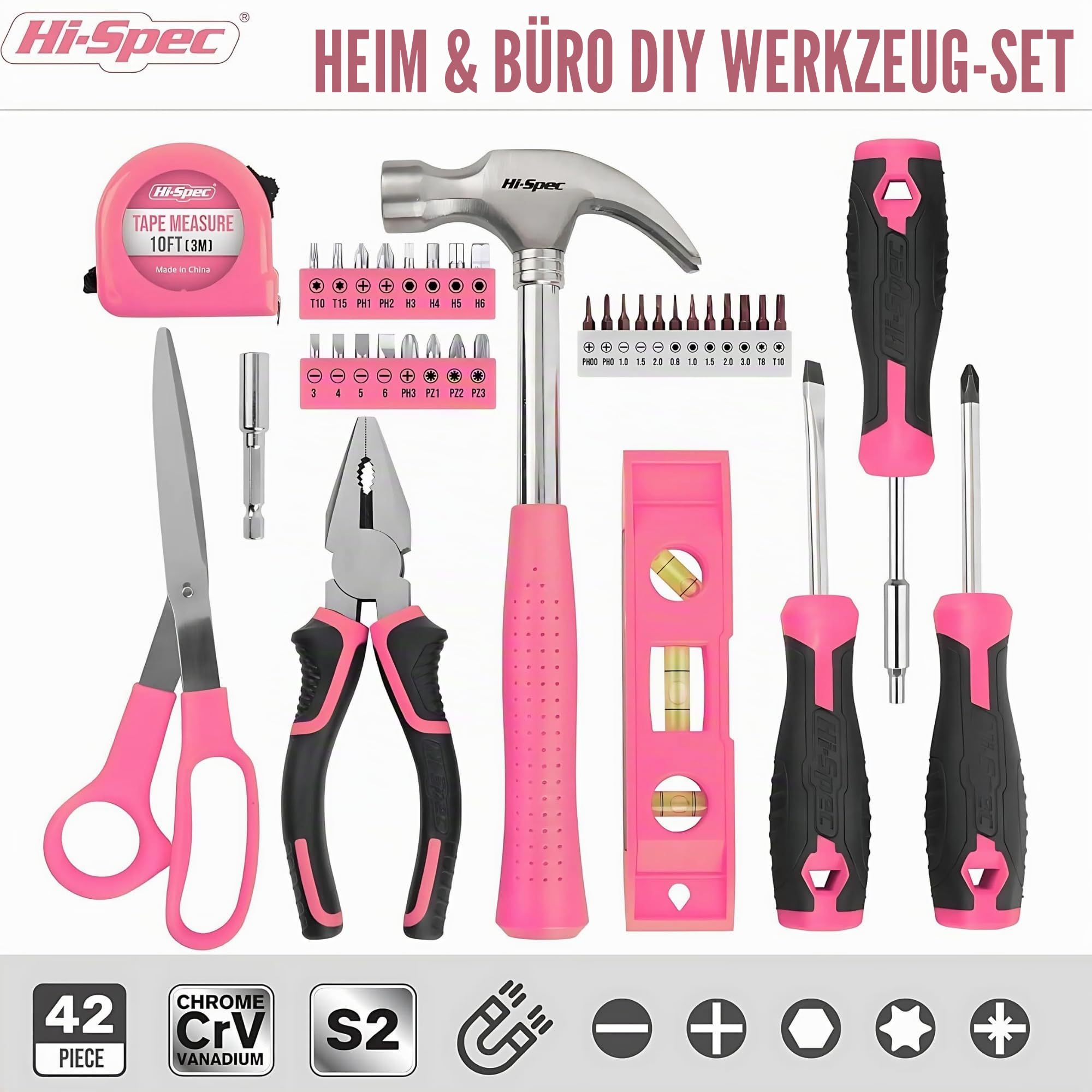 Hi-Spec Werkzeugset mit Koffer, Hammer, Bits und Maßband, Pink 2