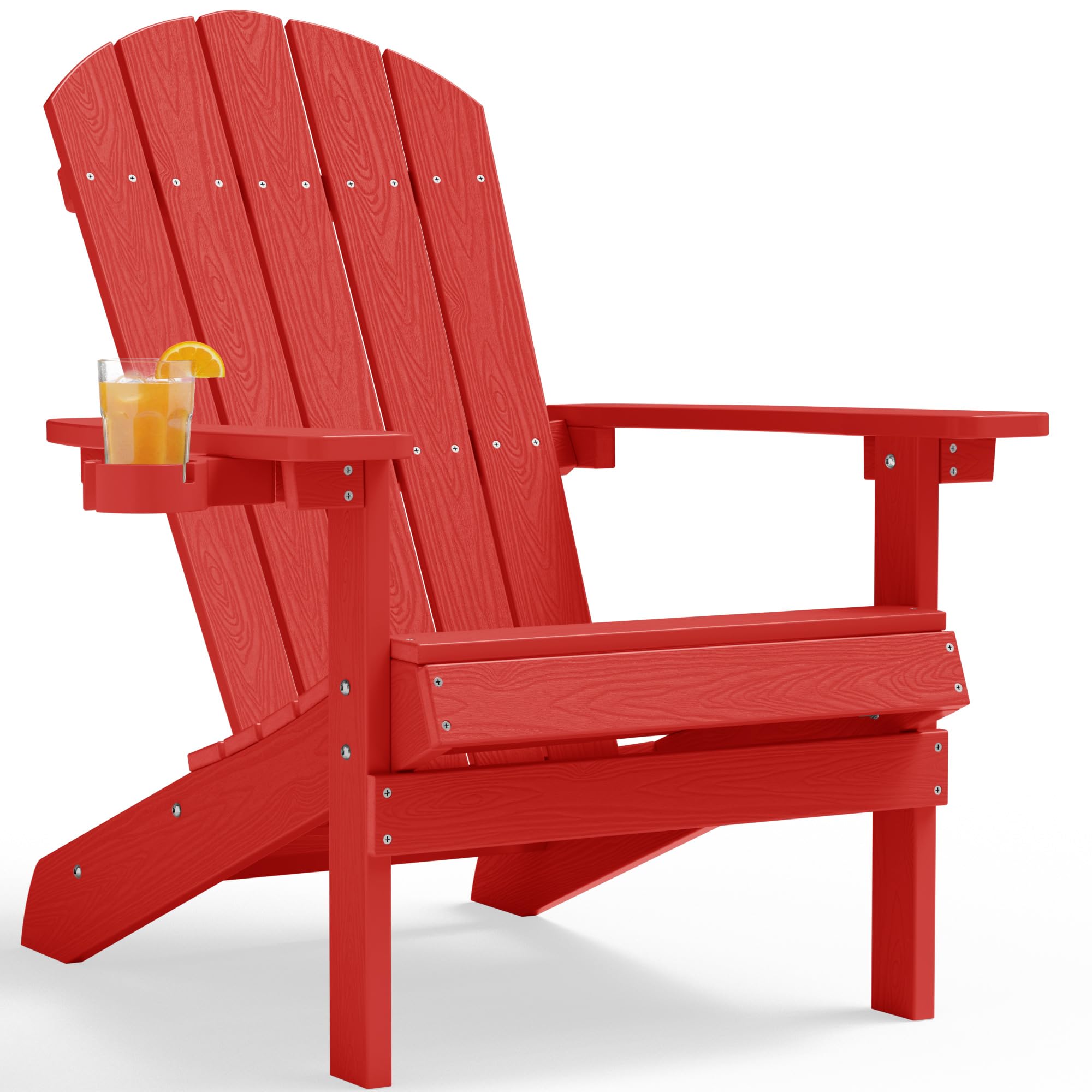 YEFU Adirondack Chair Weather Resistant: Plastic Adirondack Chairs - Patio Chairs with Cup Holder & Wood Texture - Outdoor Chair HIPS - Lawn Fire Pit Deck Porch Garden Chairs for Adults (Red) Image