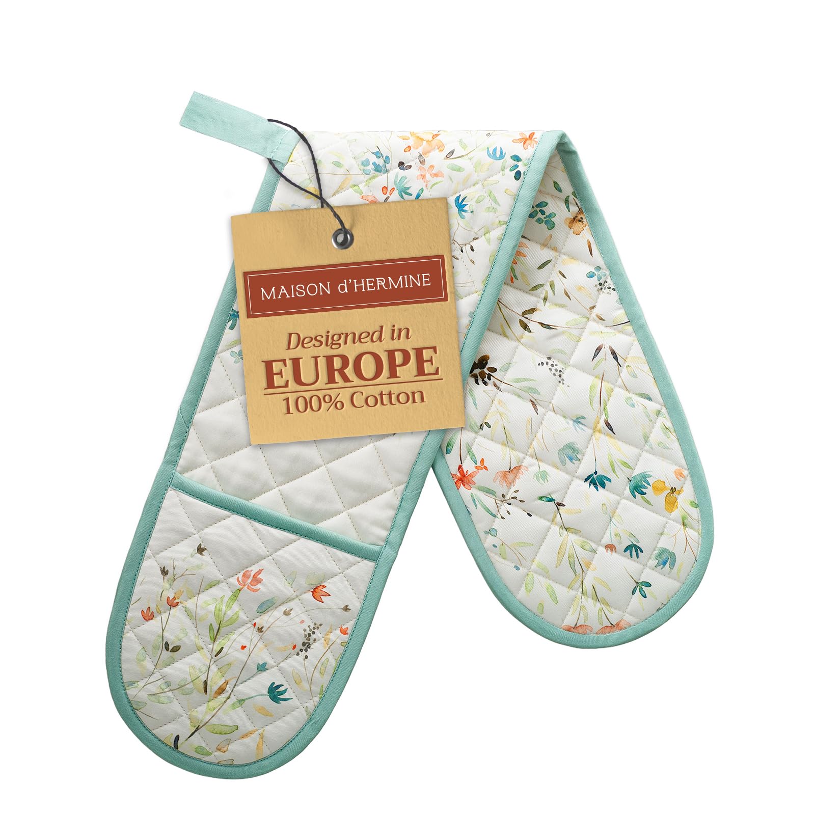 Maison d' Hermine Double Oven Mitts 100% Cotton 18 cm x 89 cm Double Oven Mitt Heat Resistant BBQ Cooking Gloves with Loop Baking Grilling Handling Hot Pans Gifts for Mothers Day (Colmar)