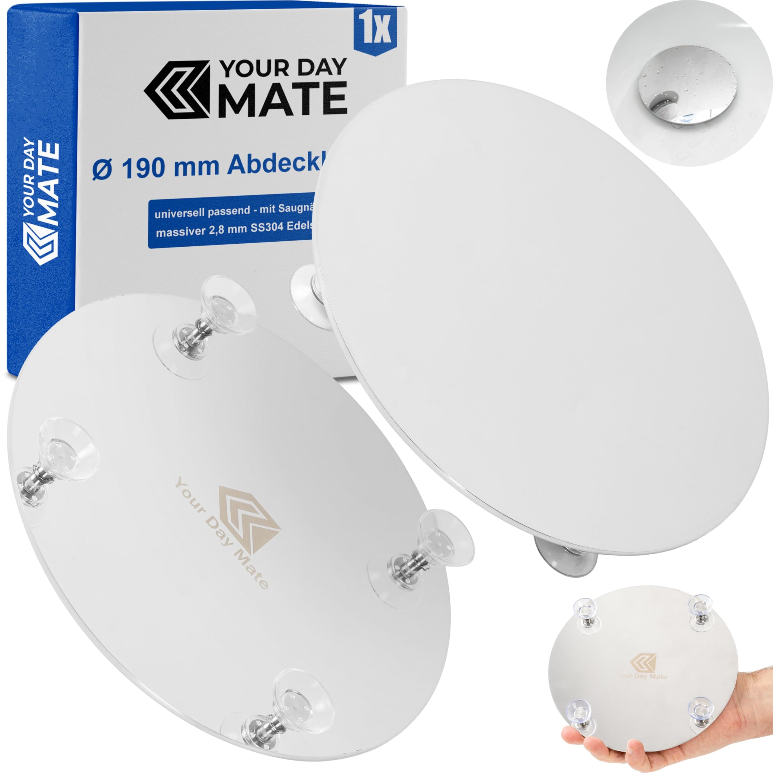 Universal Cover for Shower Drain, Ø 190 mm, Made of 2.8 mm Stainless Steel, Suction Cup Installation, Compatible with All Brands Such as Viega, Grohe, Geberit, Dallmer, Wirquin, etc.