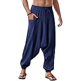 Runcati Mens Harem Pants Baggy Hippie Casual Cotton Linen Loose Boho Yoga Beach Drop Crotch Trouser