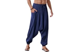 Runcati Mens Harem Pants Baggy Hippie Casual Cotton Linen Loose Boho Yoga Beach Drop Crotch Trouser