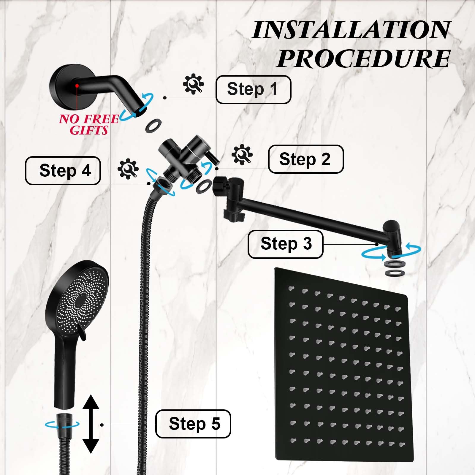 Shower Head, 8 inch Multifunction High Pressure Rain Shower Head with Handheld Spray Combo with 11'' Angle Adjustable Extension Arm/Flow Regulator/Shower System Matte Black