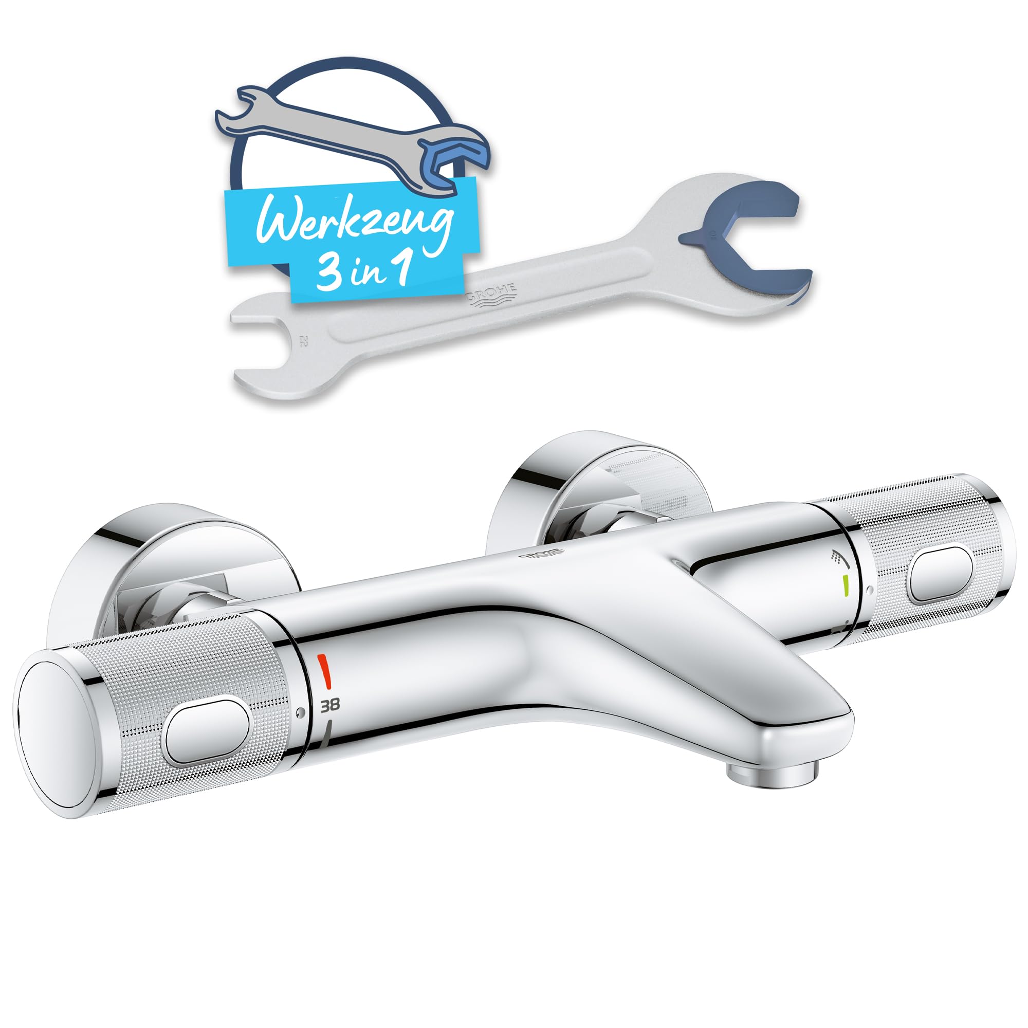 GROHE Precision Feel, Badewannenarmatur, wassersparend (Thermostat mit stets kühler Oberfläche für Kinder, Duscharmatur mit Sicherheitssperre bei 38°C, Anti-Rutsch Griffe, 3in1 Tool), chrom, 34788000