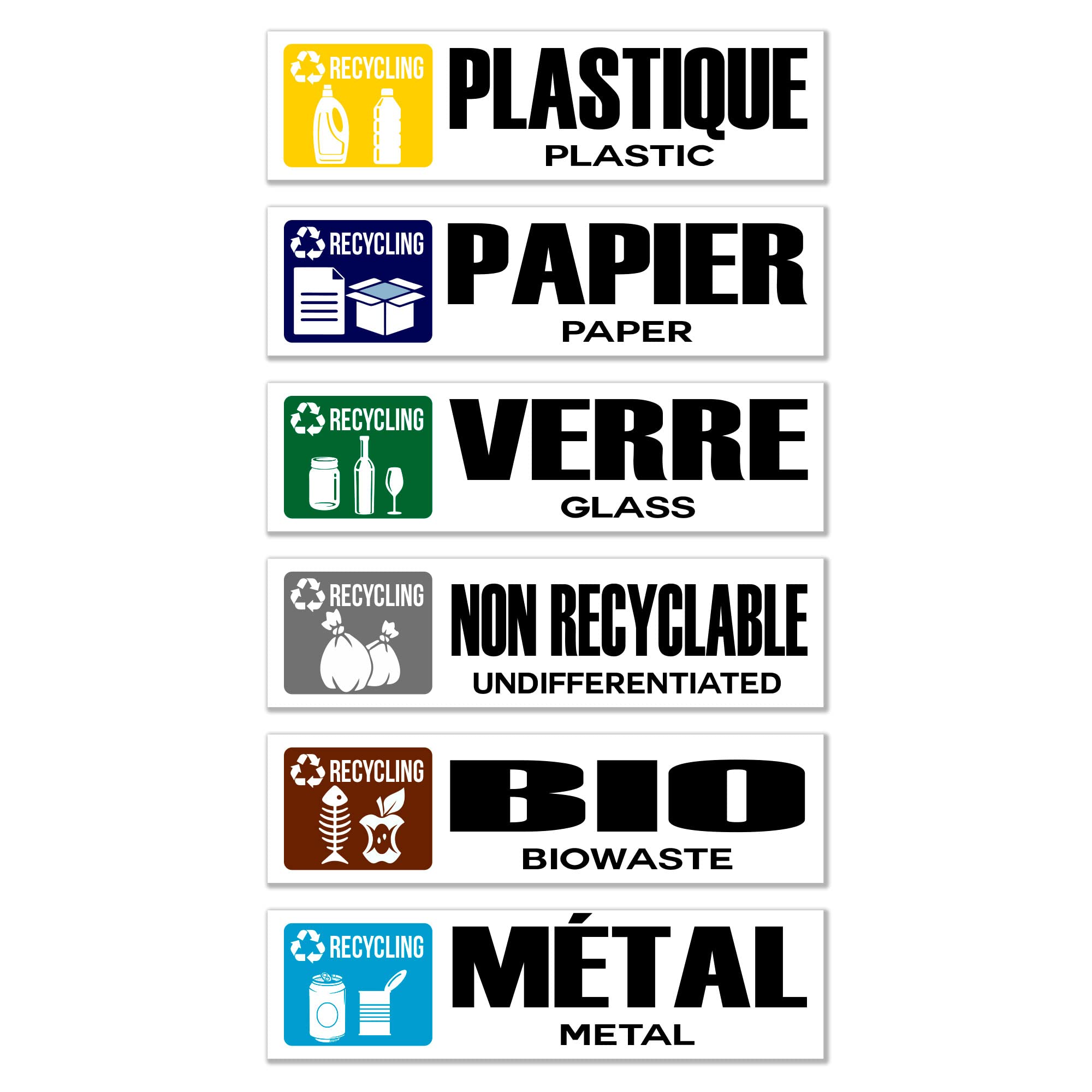 GamesMonkey® - Recycling Waste Recycling Stickers - FR - v1 - Washable Raincoats Illustrated - French English - Glossy Vinyl DH (25x8cm, 6 Pieces)