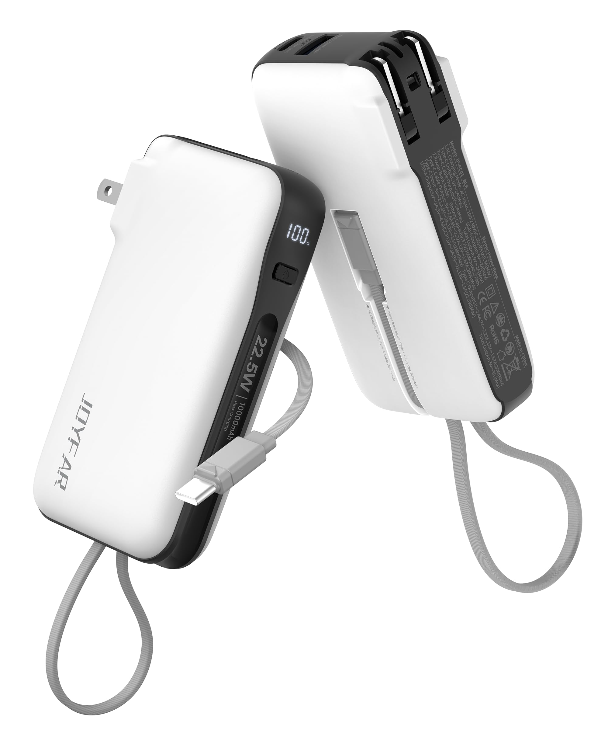 JOYFAR 1 Pack Portable Charger with Built-in USB-C Cable & Plug, 10,000mAh 5V/4.5A Power Bank Fast Charging 22.5W, Travel Essential Battery Pack 3 Output for iPhone 16/15 Series, Samsung Galaxy, iPad Image